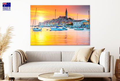 Golden Old Town of Rovinj Harbour with Sunset Croatia Wall Art Decor 100% Australian Made