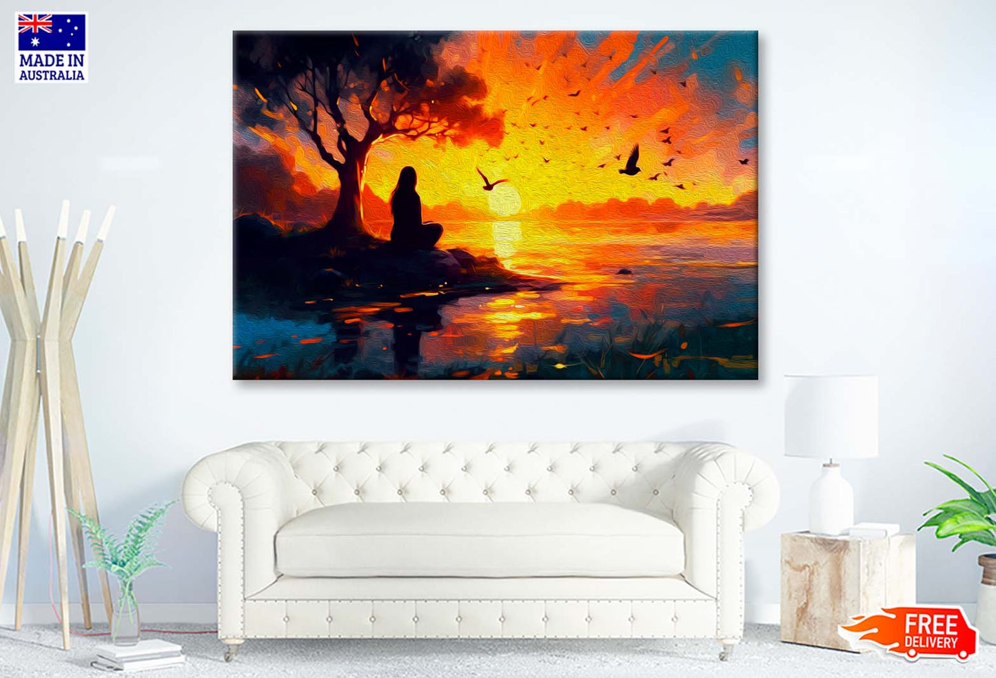 Girl & Sunset Abstract Oil Painting Wall Art Limited Edition High Quality Print