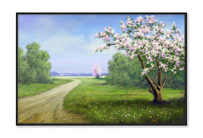 Pink Blossom Tree near Road Oil Painting Wall Art Limited Edition High Quality Print Canvas Box Framed Black