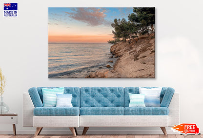 Sunset At the Sea on A Rocky Coast with Pine Trees Wall Art Decor 100% Australian Made