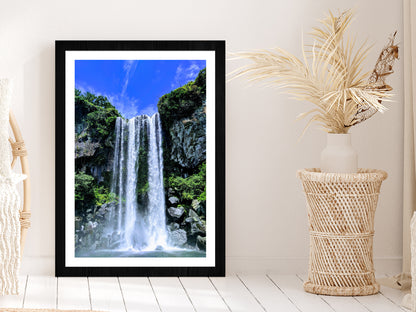 Rocky Mountain & Jeju Waterfall Glass Framed Wall Art, Ready to Hang Quality Print With White Border Black