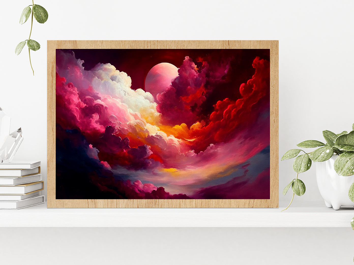 Red Mixed Colorful Cloudy Sky With Moon Glass Framed Wall Art, Ready to Hang Quality Print Without White Border Oak