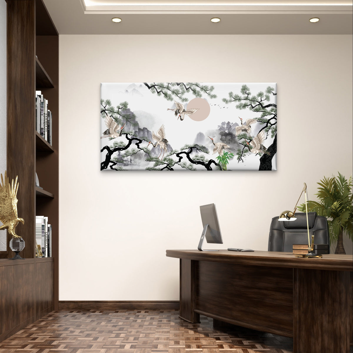 Japanese Pine Tree Flying Cranes Scene Painting Wall Art Canvas Office Home Framed 120x60cm