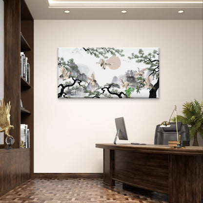 Japanese Pine Tree Flying Cranes Scene Painting Wall Art Canvas Office Home Framed 120x60cm