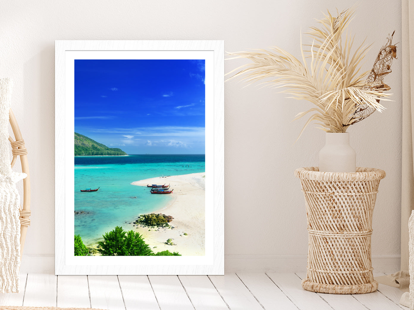 Boats near Lipe Island Blue Sky View Thailand Glass Framed Wall Art, Ready to Hang Quality Print With White Border White