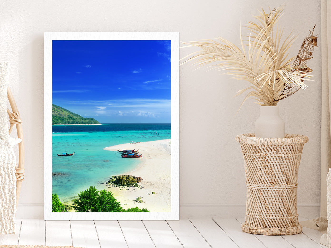 Boats near Lipe Island Blue Sky View Thailand Glass Framed Wall Art, Ready to Hang Quality Print Without White Border White