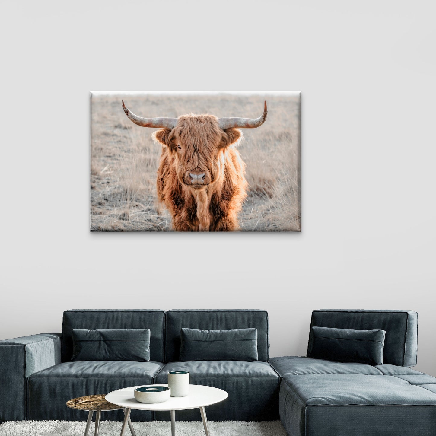 Neutral Toned Scottish Highland Cow with Long Shaggy Hair Wall Art Decor 100% Australian Made