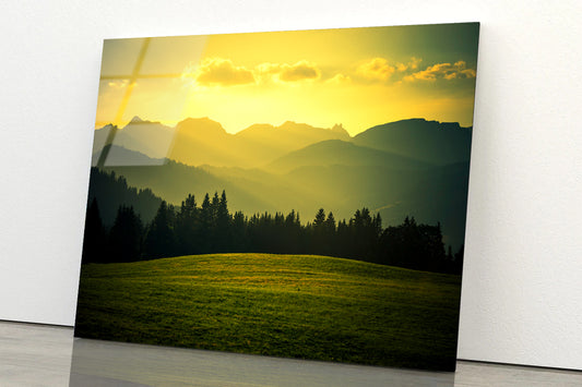 Green Grass Land with Yellow Sky Acrylic Glass Print Tempered Glass Wall Art 100% Made in Australia Ready to Hang