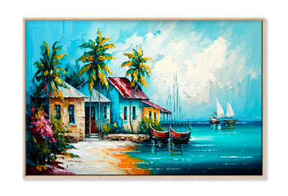 Tropical Seascape Village Oil Painting Wall Art Limited Edition High Quality Print Canvas Box Framed Natural