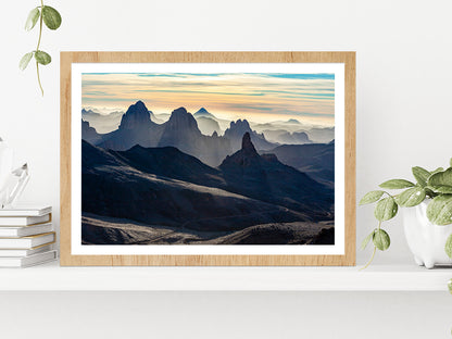 Ahaggar Mountains View At Sunrise Glass Framed Wall Art, Ready to Hang Quality Print With White Border Oak