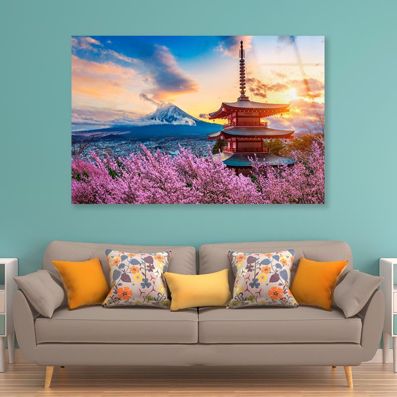 Pagoda In the Middle of a Field of Flowers Acrylic Glass Print Tempered Glass Wall Art 100% Made in Australia Ready to Hang