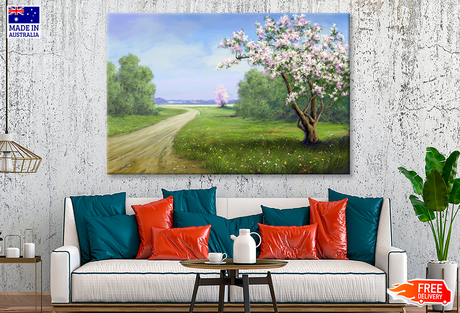 Pink Blossom Tree near Road Oil Painting Wall Art Limited Edition High Quality Print