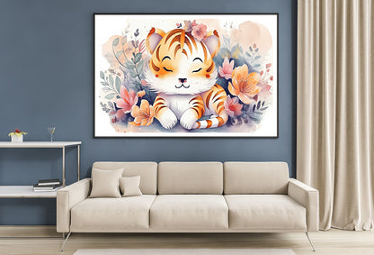 Cartoon Drawing Of a Lion with Flowers Home Decor Premium Quality Poster Print Choose Your Sizes