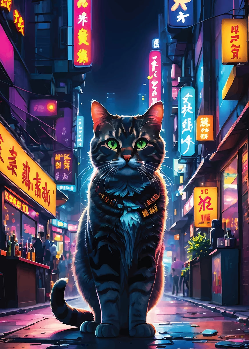 Cyberpunk Neon Tokyo Alley Cat 60x90cm Metal Print Ready to Hang