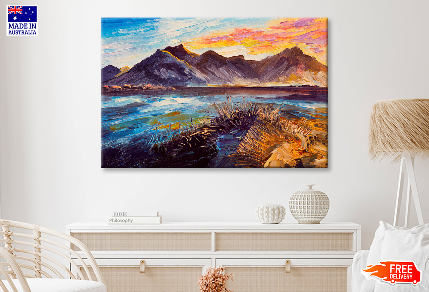 Pink Sunset, Sea, Mountains Oil Painting Limited Edition High Quality Print