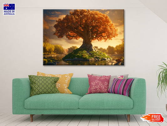 A Tree with Orange Leaves with Cloudy Sky Print 100% Australian Made