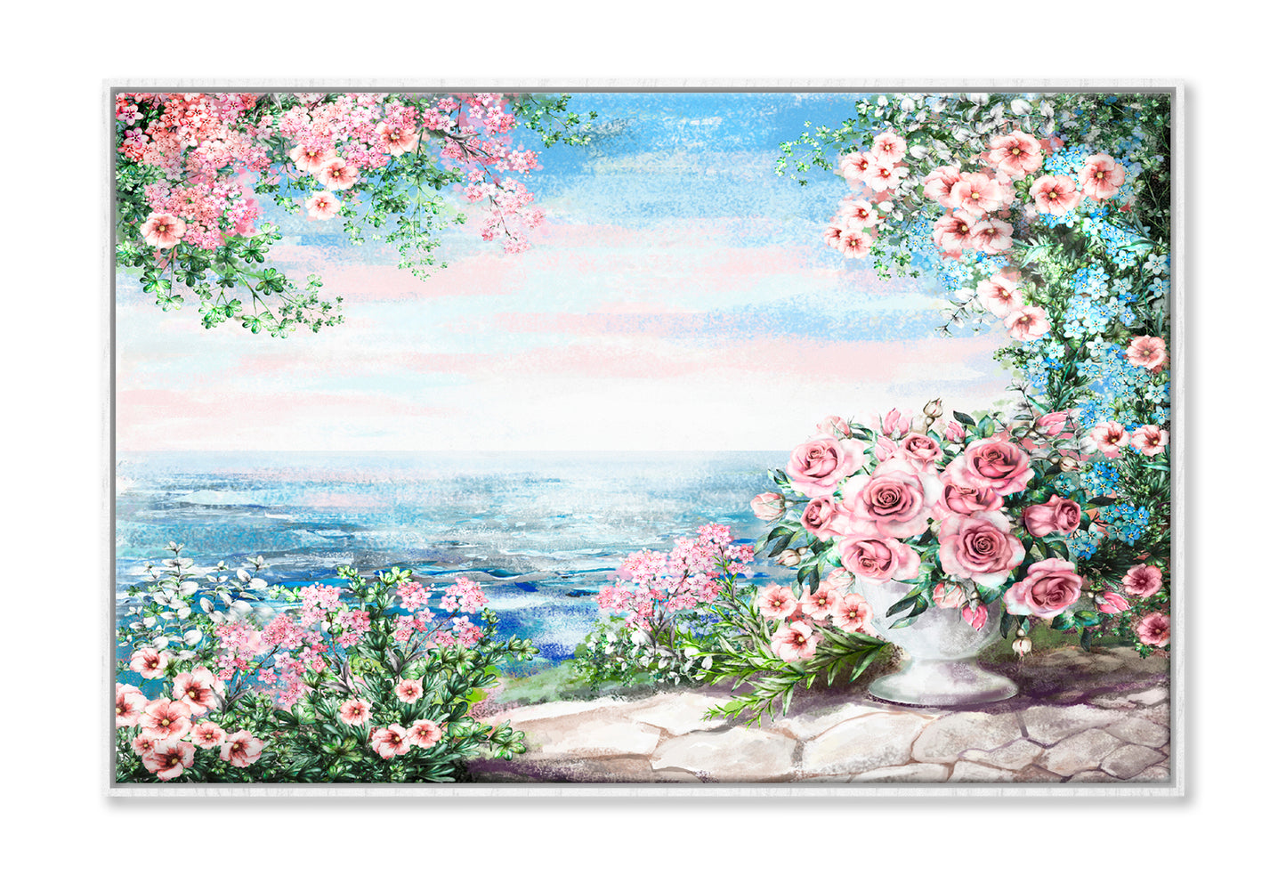 Blue Sea, Pink Flower Rose In Vase & Leaf View On Ocean Oil Painting Wall Art Limited Edition High Quality Print Canvas Box Framed White