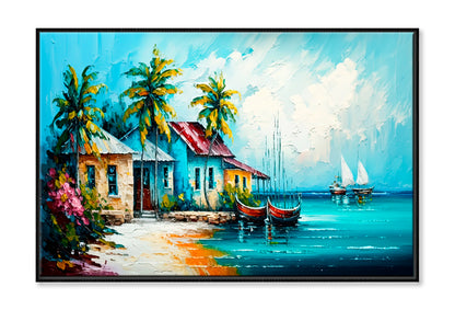 Tropical Seascape Village Oil Painting Wall Art Limited Edition High Quality Print Canvas Box Framed Black