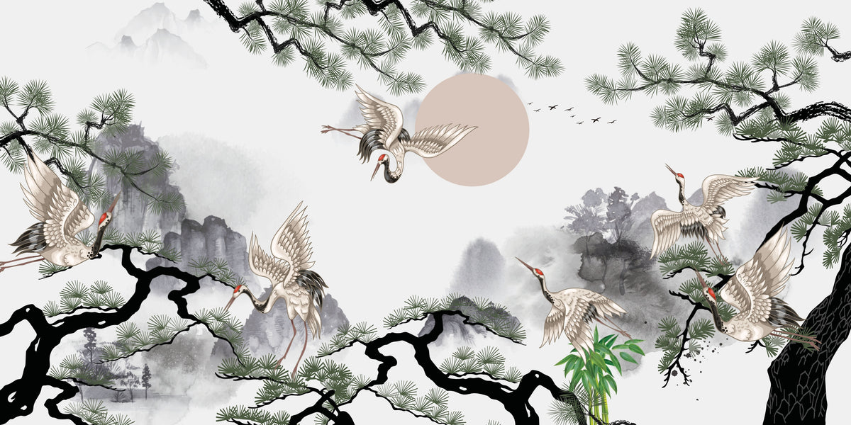 Japanese Pine Tree Flying Cranes Scene Painting Wall Art Canvas Office Home Framed 120x60cm
