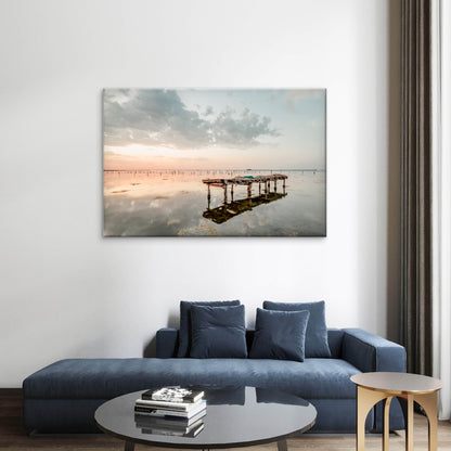 Water Reflection of Moody Sunset with Wooden Pier Wall Art Decor 100% Australian Made