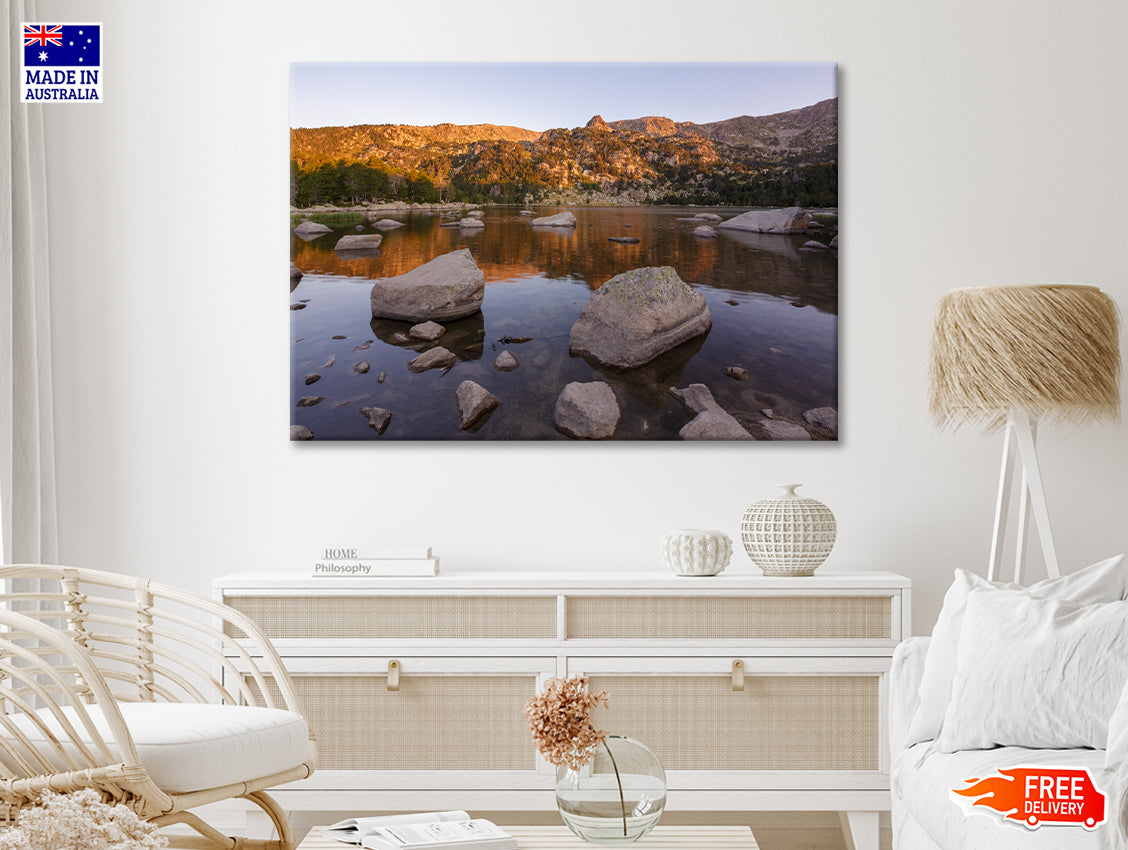 A Lake Surrounded By Rocks and Trees Print 100% Australian Made