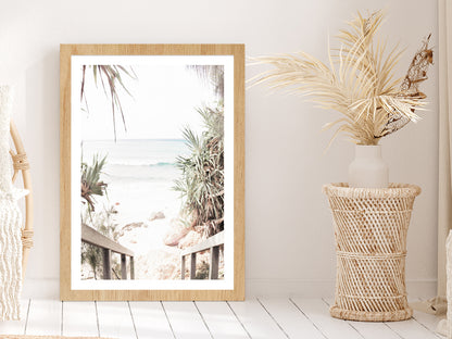 Wooden Pier & Trees near Beach Faded Photograph Glass Framed Wall Art, Ready to Hang Quality Print With White Border Oak