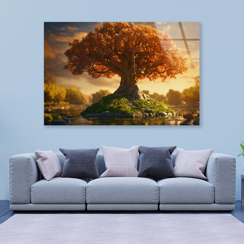 A Tree with Orange Leaves with Cloudy Sky Acrylic Glass Print Tempered Glass Wall Art 100% Made in Australia Ready to Hang