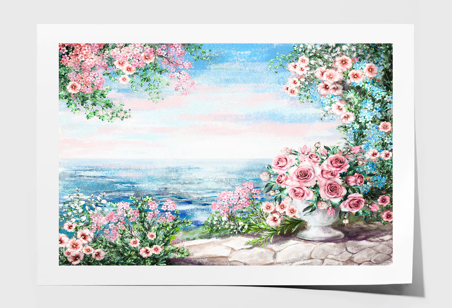 Blue Sea, Pink Flower Rose In Vase & Leaf View On Ocean Oil Painting Wall Art Limited Edition High Quality Print Unframed Roll Canvas None