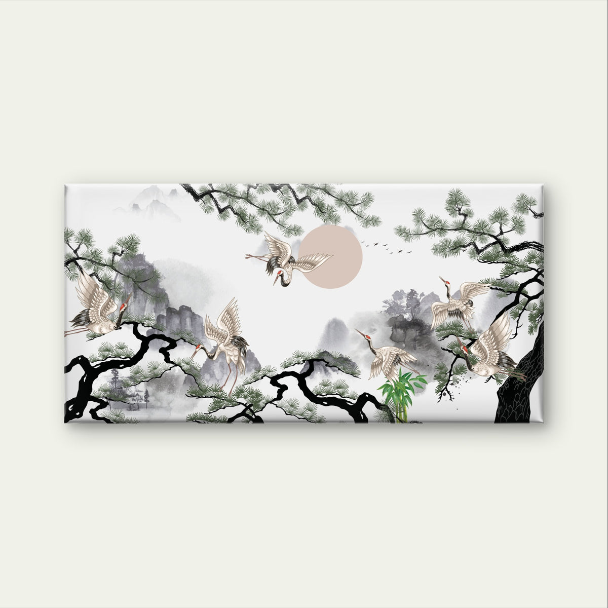 Japanese Pine Tree Flying Cranes Scene Painting Wall Art Canvas Office Home Framed 120x60cm