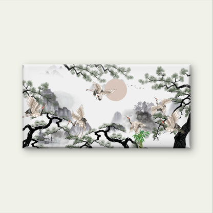 Japanese Pine Tree Flying Cranes Scene Painting Wall Art Canvas Office Home Framed 120x60cm
