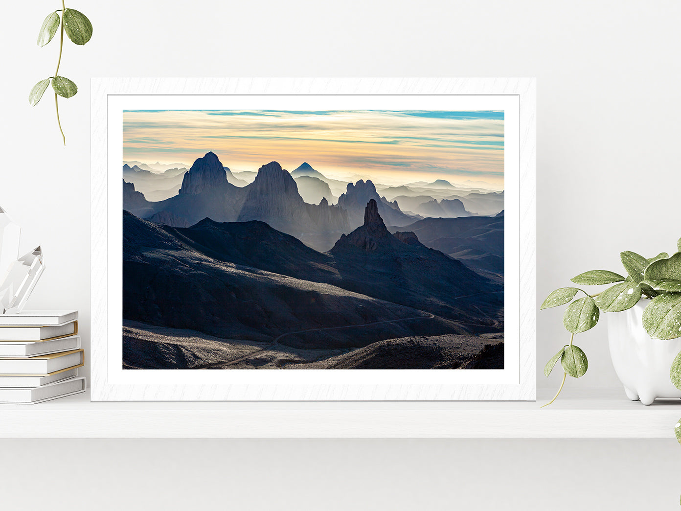 Ahaggar Mountains View At Sunrise Glass Framed Wall Art, Ready to Hang Quality Print With White Border White