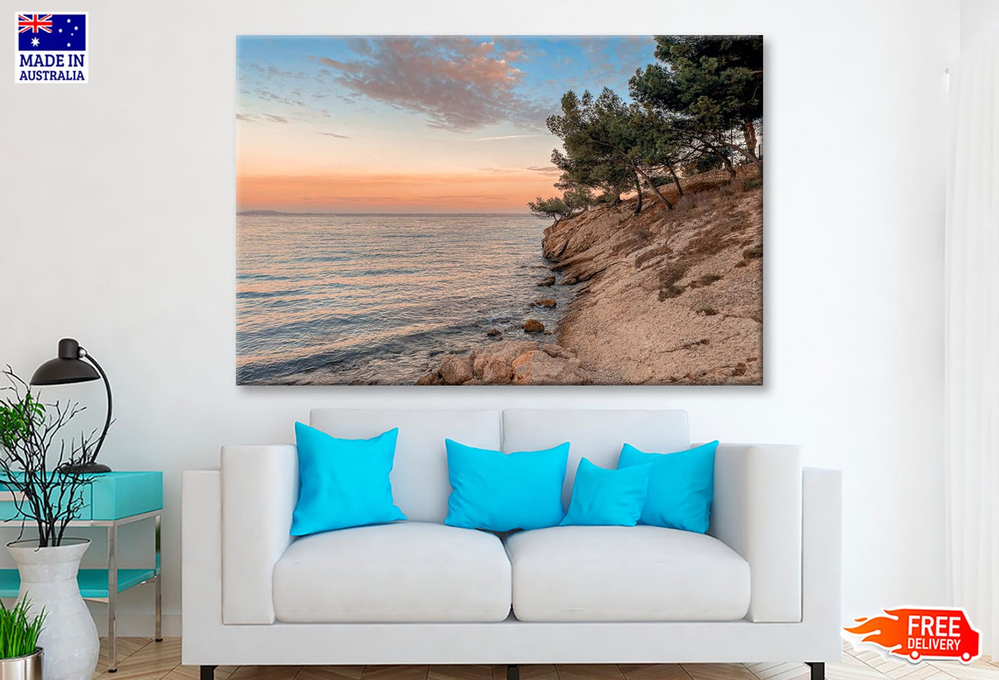 Sunset At the Sea on A Rocky Coast with Pine Trees Wall Art Decor 100% Australian Made