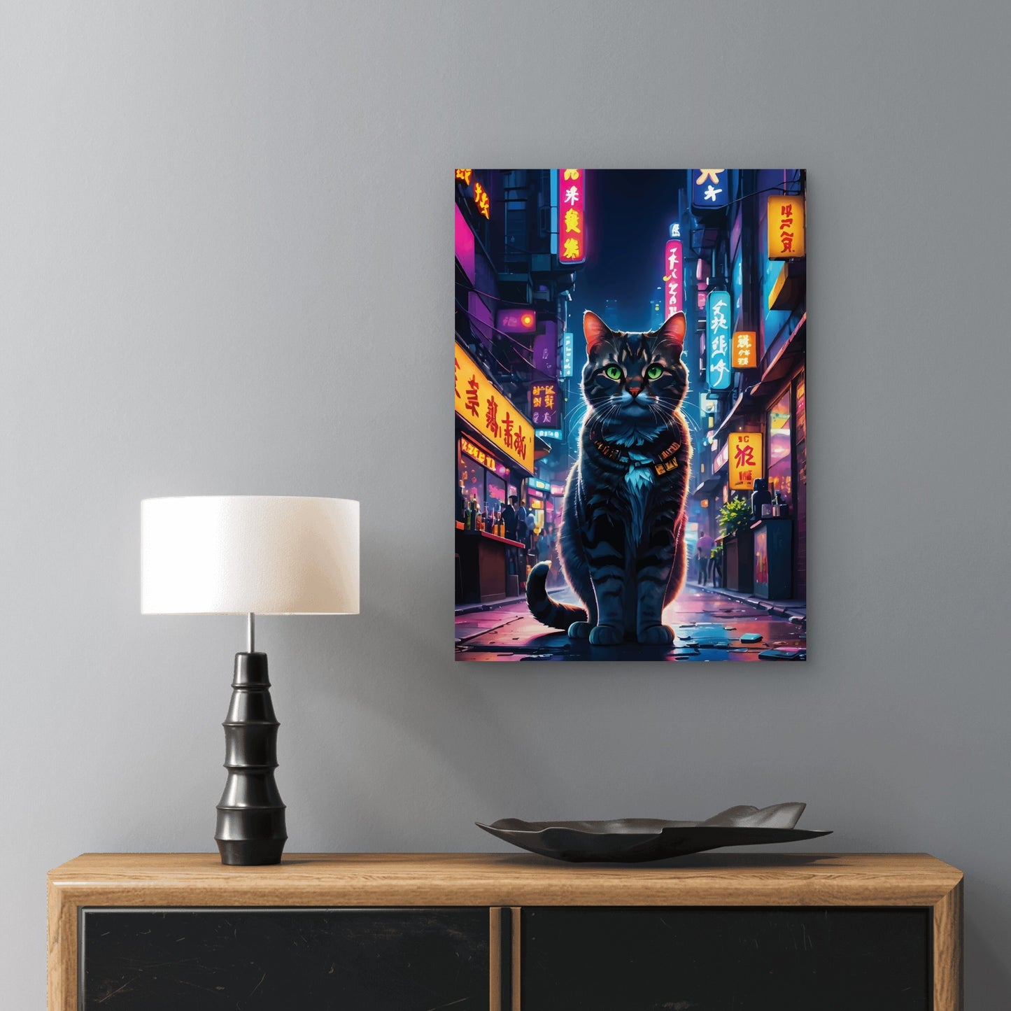 Cyberpunk Neon Tokyo Alley Cat 60x90cm Metal Print Ready to Hang