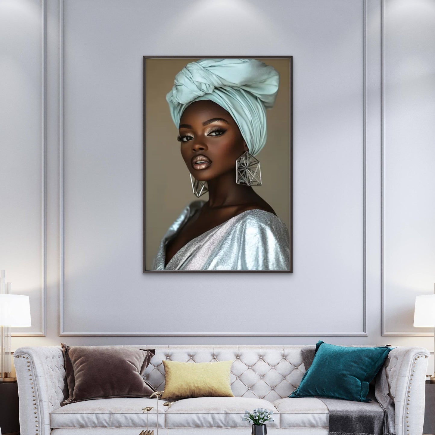 African Woman with Silvery Dress and Turban Painting Fashion Home Decor Premium Quality Poster Print Choose Your Sizes