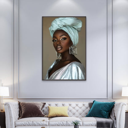 African Woman with Silvery Dress and Turban Painting Fashion Home Decor Premium Quality Poster Print Choose Your Sizes