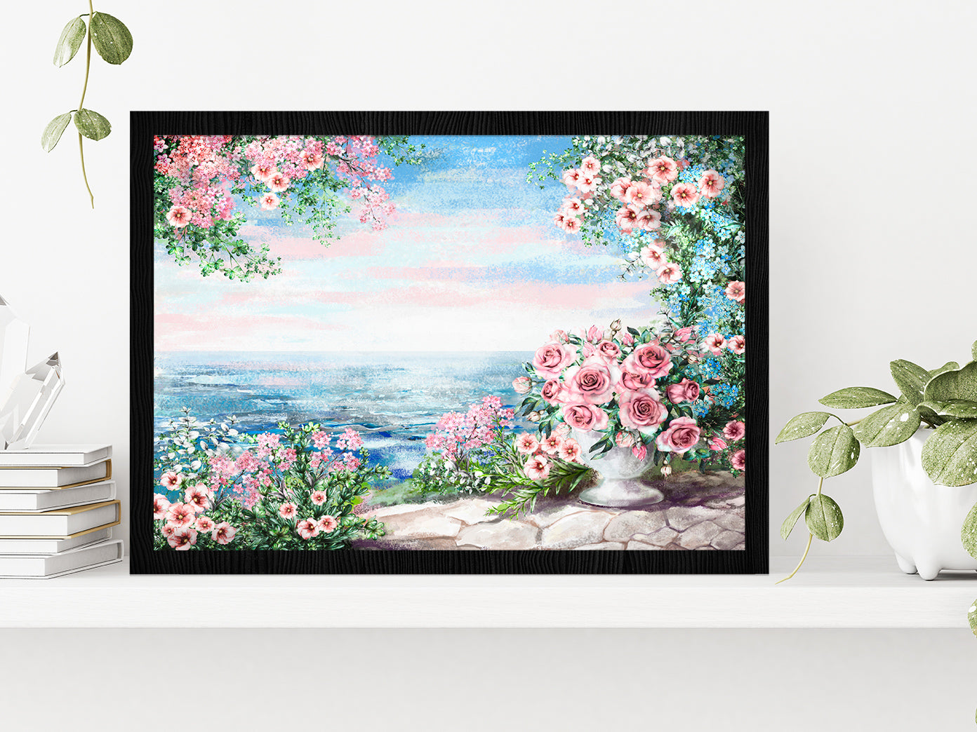 Blue Sea, Pink Flower Rose In Vase & Leaf View On Ocean Glass Framed Wall Art, Ready to Hang Quality Print Without White Border Black