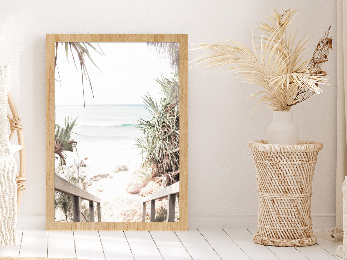 Wooden Pier & Trees near Beach Faded Photograph Glass Framed Wall Art, Ready to Hang Quality Print Without White Border Oak