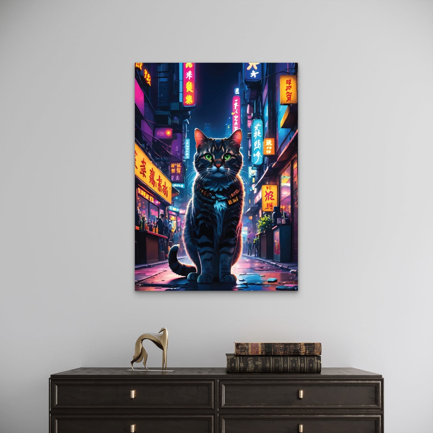 Cyberpunk Neon Tokyo Alley Cat 60x90cm Metal Print Ready to Hang