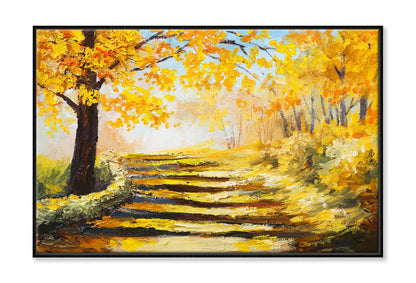 Yellow Autumn Trees & Pathway Oil Painting Wall Art Limited Edition High Quality Print Canvas Box Framed Black