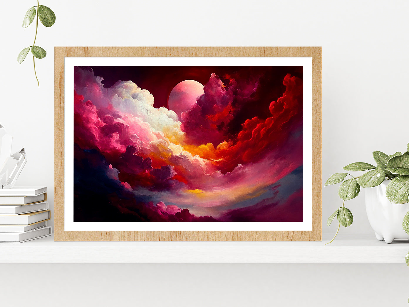 Red Mixed Colorful Cloudy Sky With Moon Glass Framed Wall Art, Ready to Hang Quality Print With White Border Oak