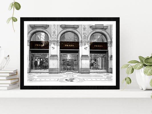 B&W Fashion Store in Vittorio Emanuele Glass Framed Wall Art, Ready to Hang Quality Print With White Border Black