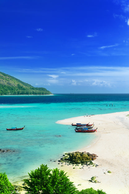 Boats near Lipe Island Blue Sky View Thailand Glass Framed Wall Art, Ready to Hang Quality Print