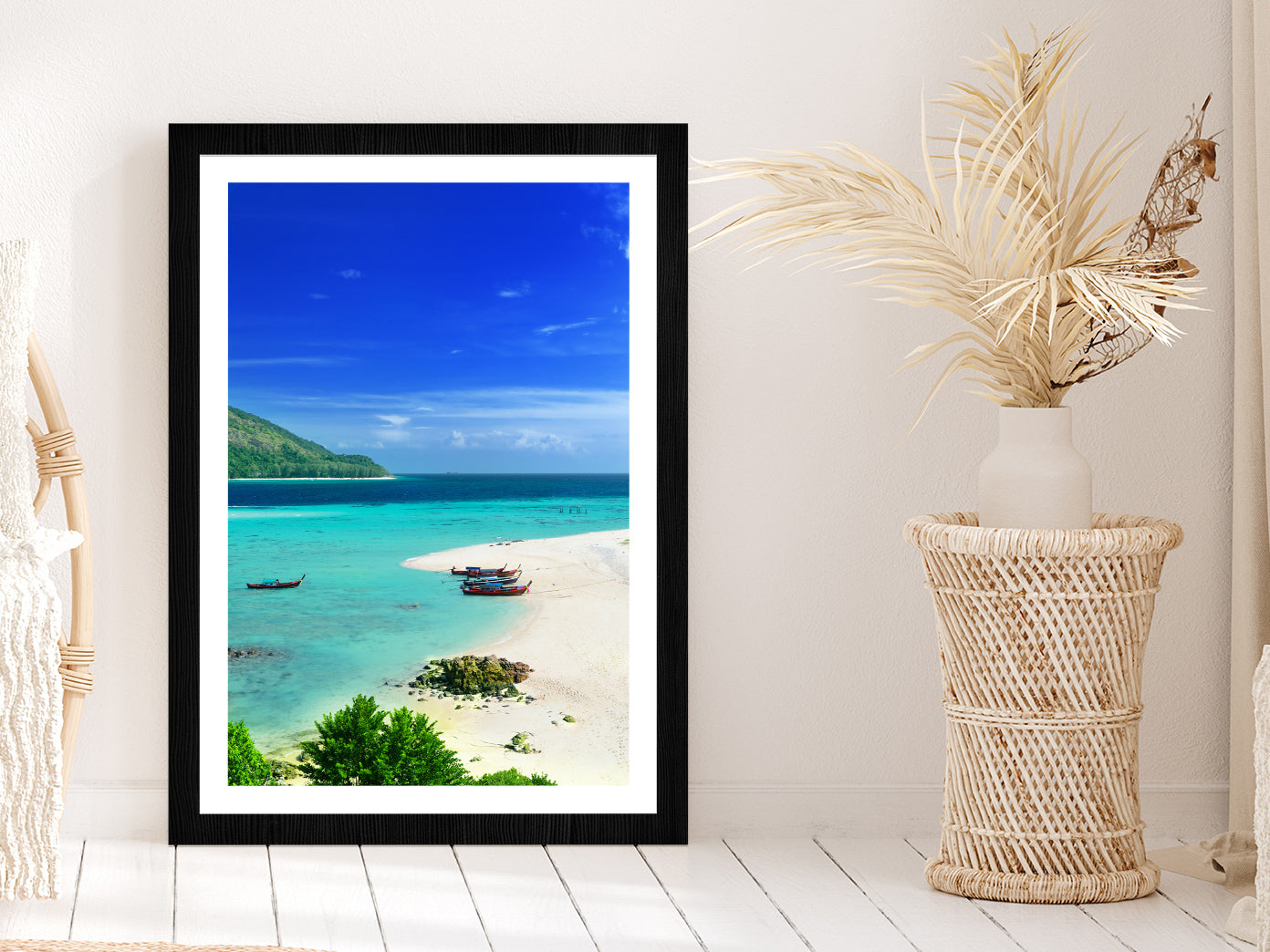 Boats near Lipe Island Blue Sky View Thailand Glass Framed Wall Art, Ready to Hang Quality Print With White Border Black