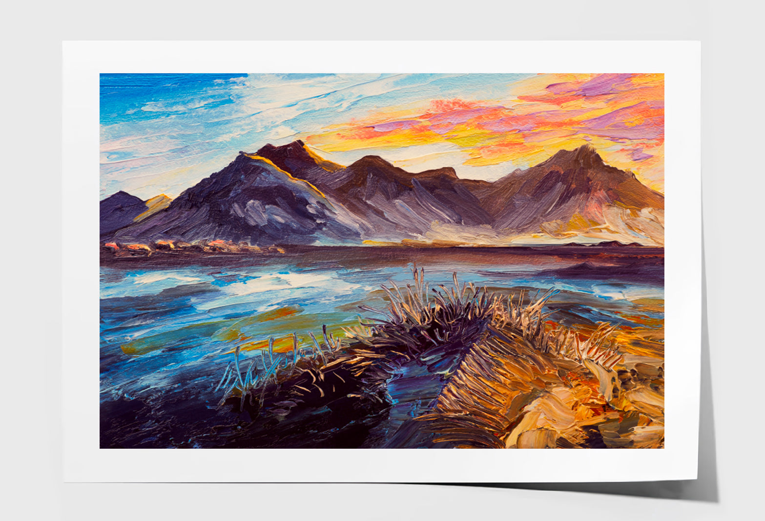 Pink Sunset, Sea, Mountains Oil Painting Limited Edition High Quality Print Unframed Roll Canvas None