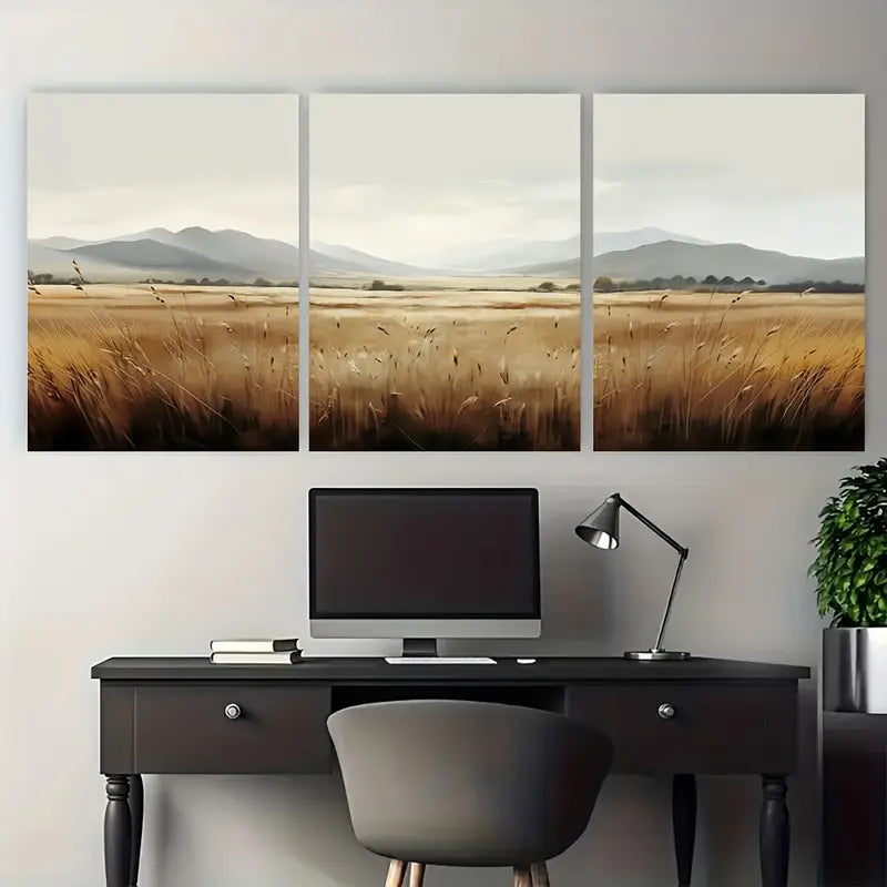 3pcs Tall Grass Field & Mountain Meadow Metal Print Ready to Hang Art
