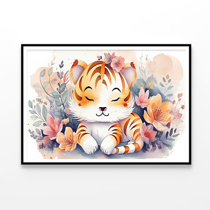 Cartoon Drawing Of a Lion with Flowers Home Decor Premium Quality Poster Print Choose Your Sizes