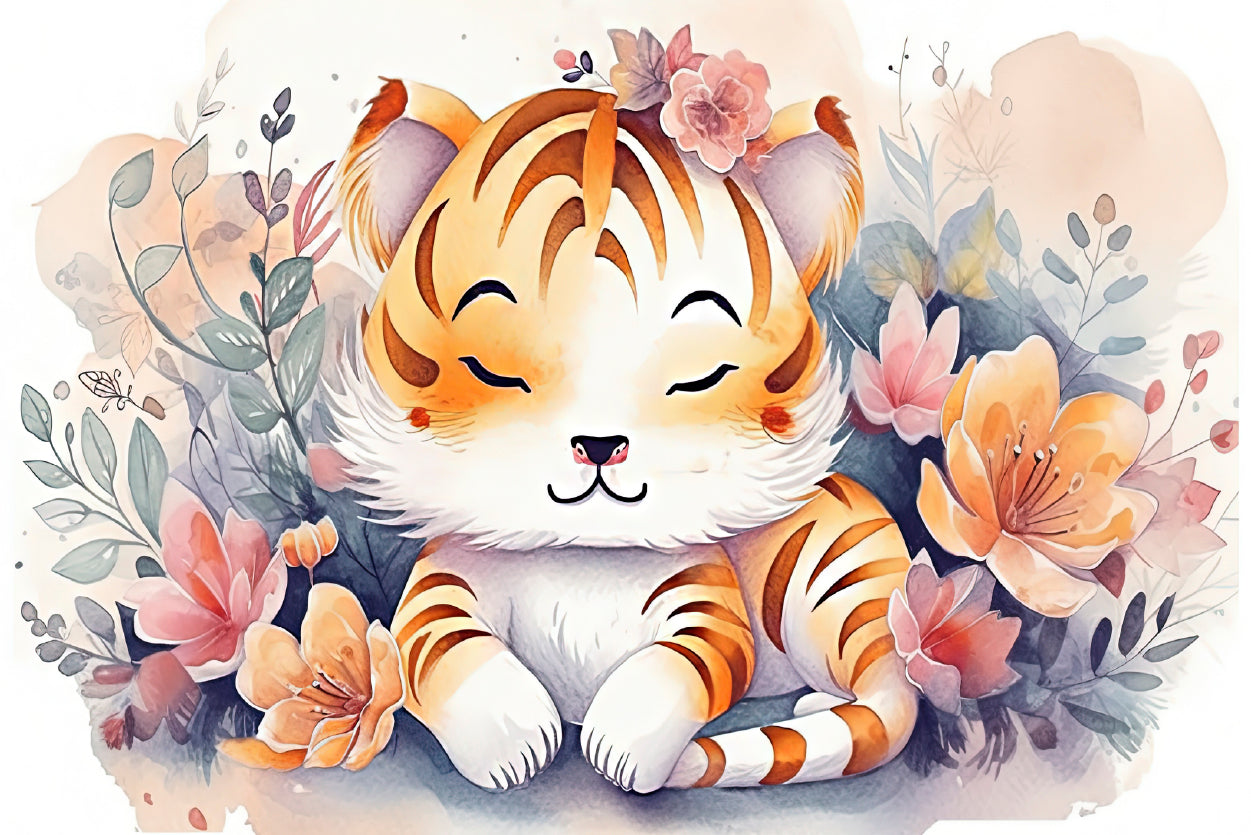 Cartoon Drawing Of a Lion with Flowers Home Decor Premium Quality Poster Print Choose Your Sizes