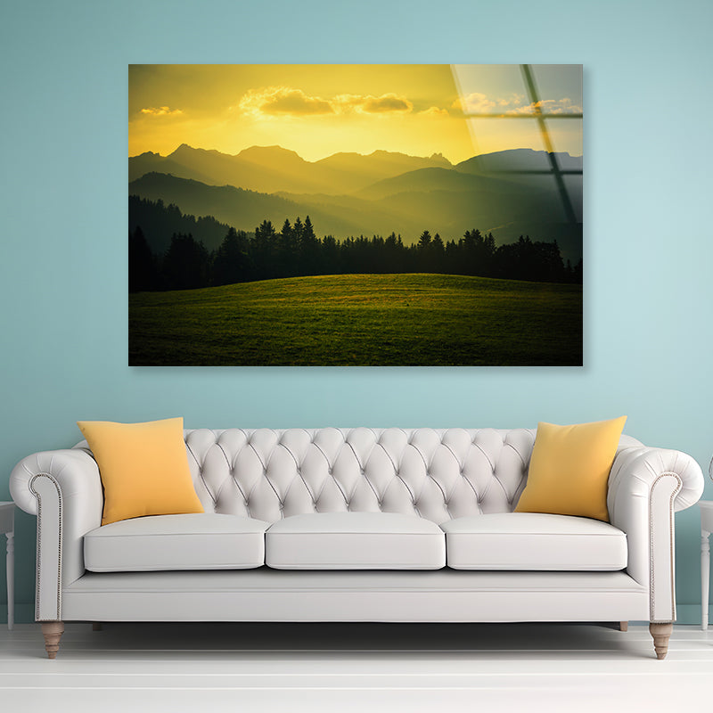 Green Grass Land with Yellow Sky Acrylic Glass Print Tempered Glass Wall Art 100% Made in Australia Ready to Hang