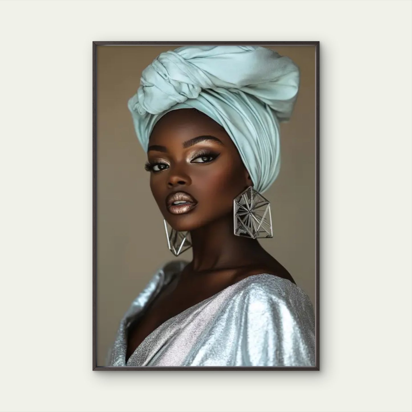 African Woman with Silvery Dress and Turban Painting Fashion Home Decor Premium Quality Poster Print Choose Your Sizes