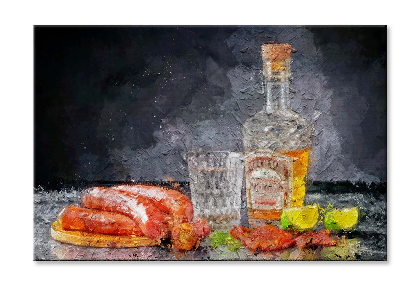 Stylized Still Life with a Bottle of Vodka or Moonshine with a Glass, Bacon, Sausage and Cucumber Wall Art Limited Edition High Quality Print